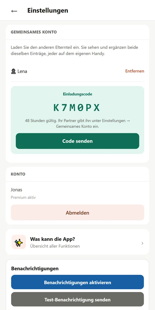 Gemeinsames Konto: Einladungscode für den anderen Elternteil