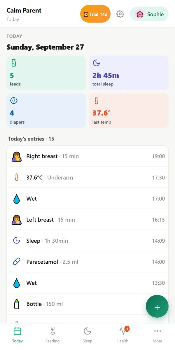Today screen: feedings, sleep, diapers and the latest temperature