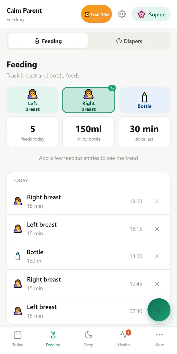 Feeding screen: left breast, right breast, bottle
