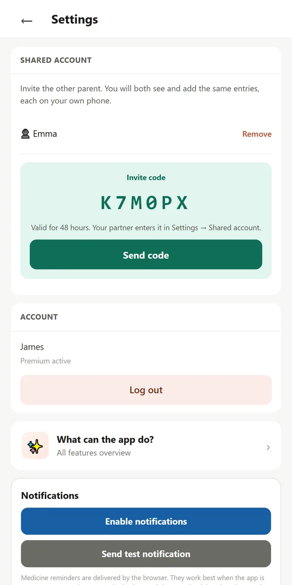 Shared account: invite code for the other parent