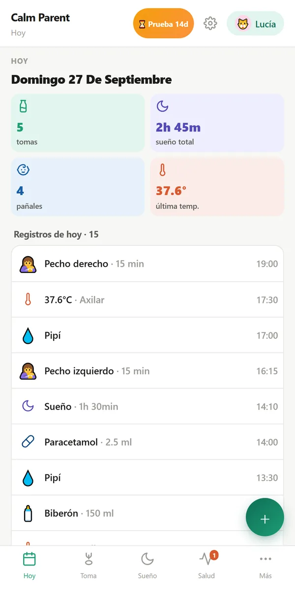 Pantalla Hoy: tomas, sueño, pañales y la última temperatura