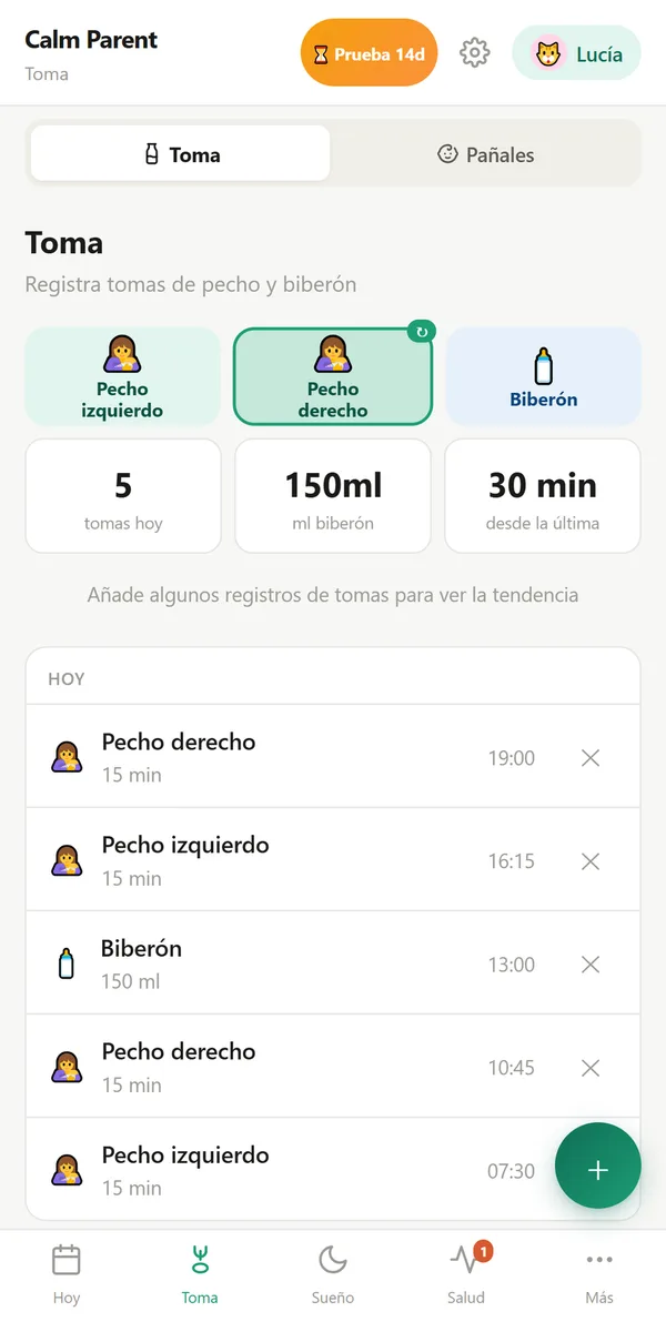 Pantalla de tomas: pecho izquierdo, pecho derecho, biberón
