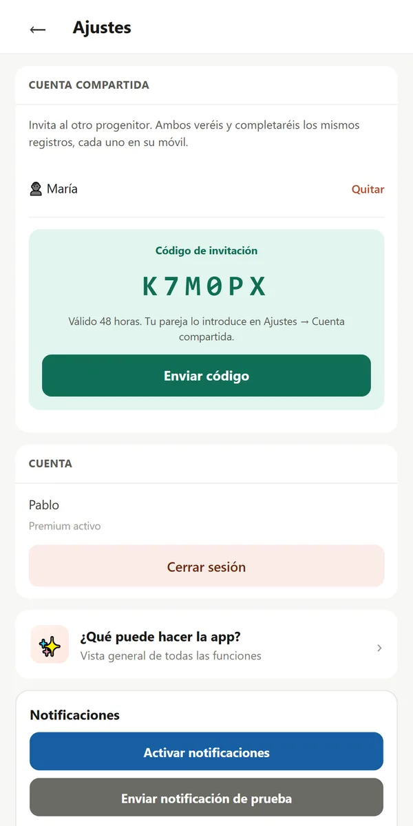 Cuenta compartida: código de invitación para el otro progenitor