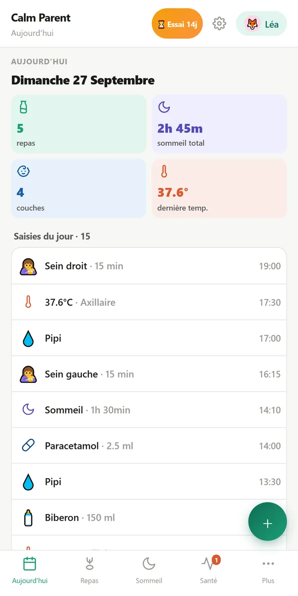 Écran Aujourd’hui : repas, sommeil, couches et dernière température