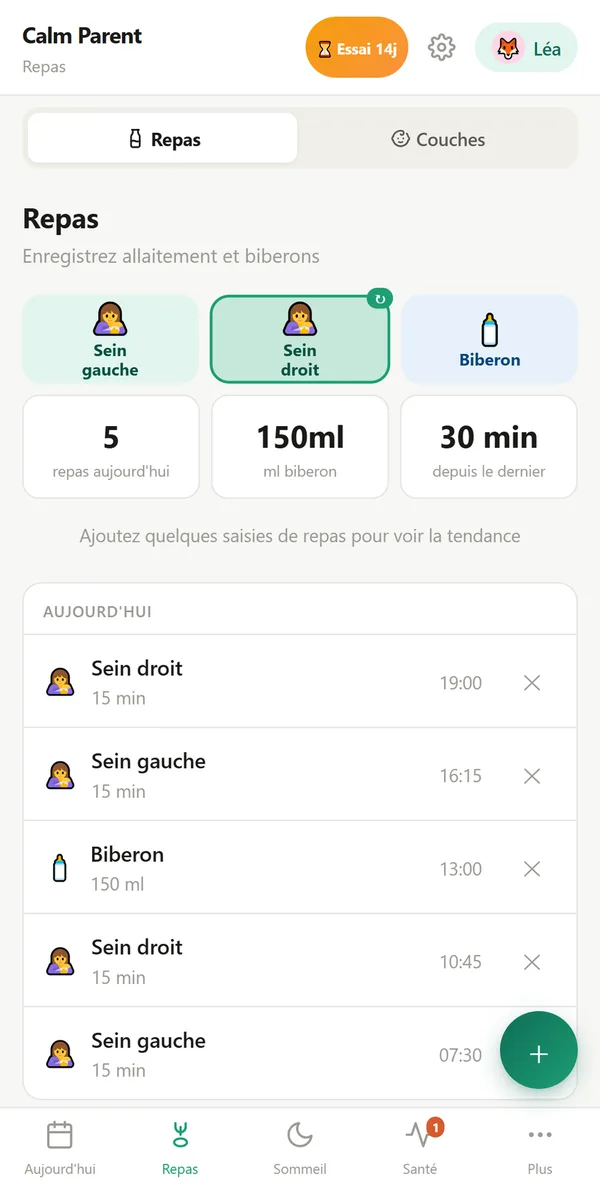 Écran repas : sein gauche, sein droit, biberon