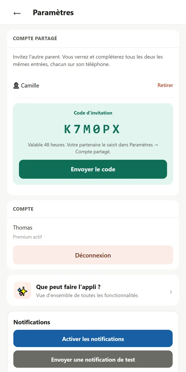 Compte partagé : code d’invitation pour l’autre parent
