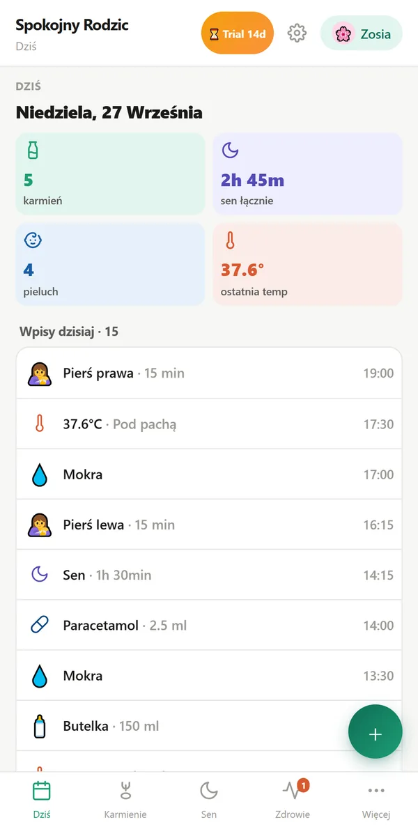 Ekran Dziś: karmienia, sen, pieluchy i ostatnia temperatura