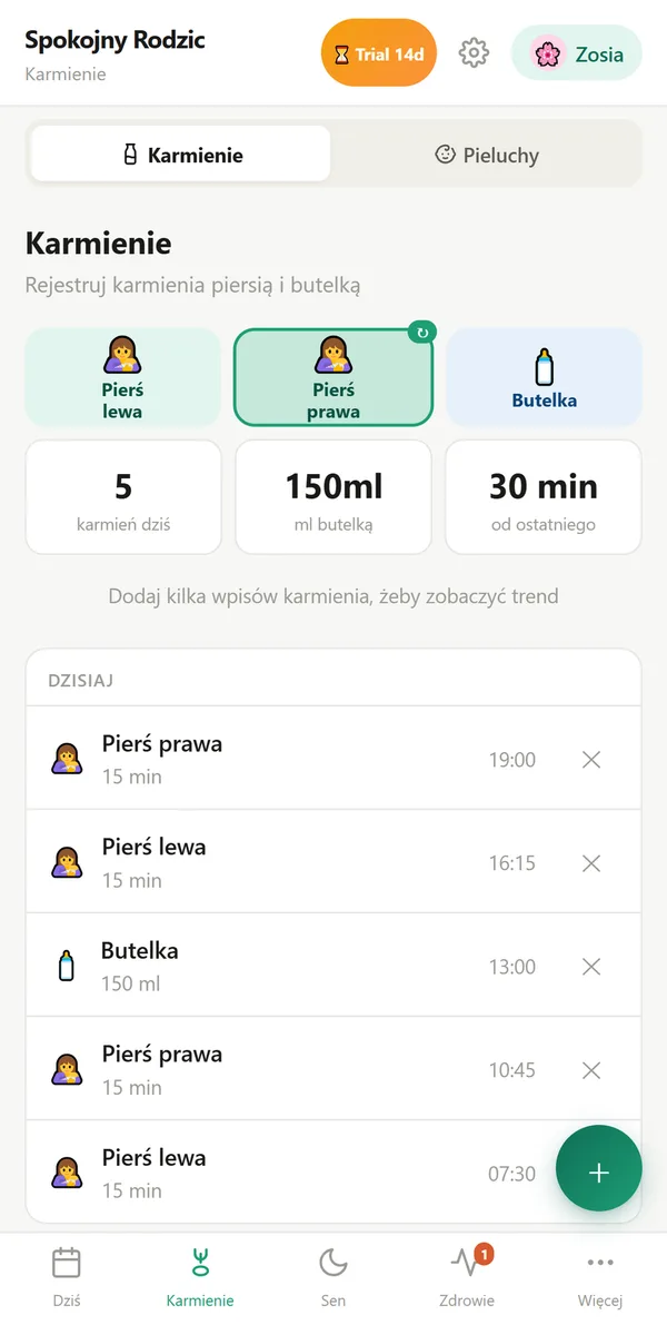 Ekran karmienia: pierś lewa, pierś prawa, butelka