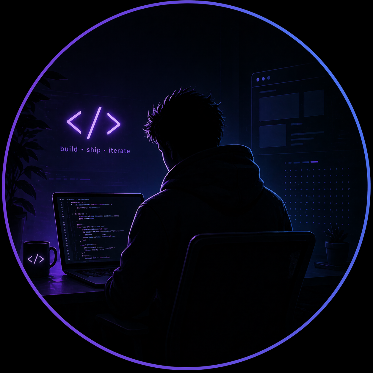 Mateusz przy laptopie, sylwetka w neonowym fiolecie