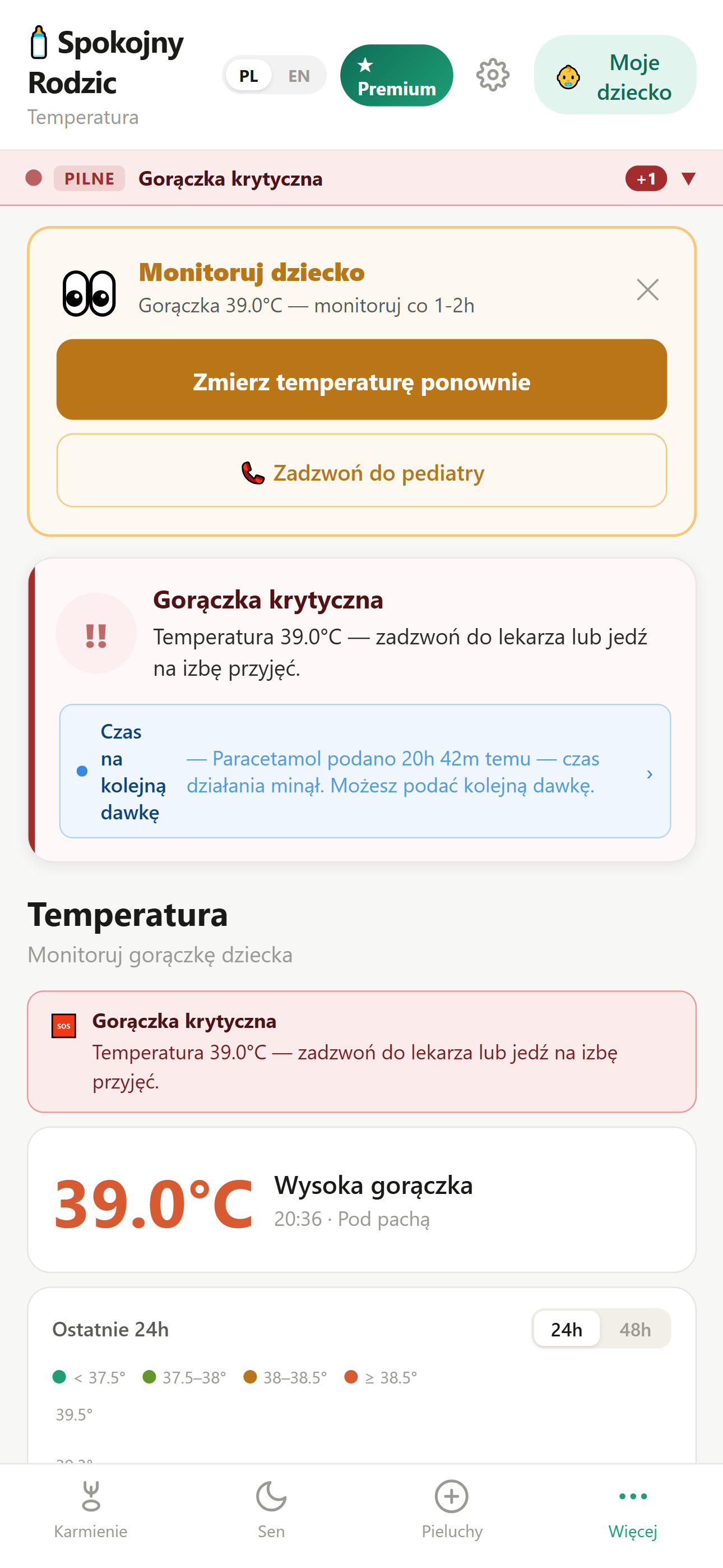 Alert gorączki — ekran temperatury